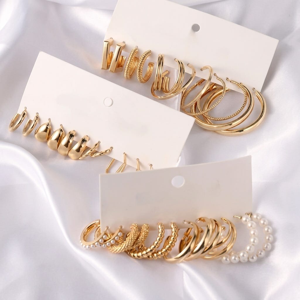 Jewels Galaxy Gold Plated Set Of 18 Pairs Of Hoop And Pearl Earrings