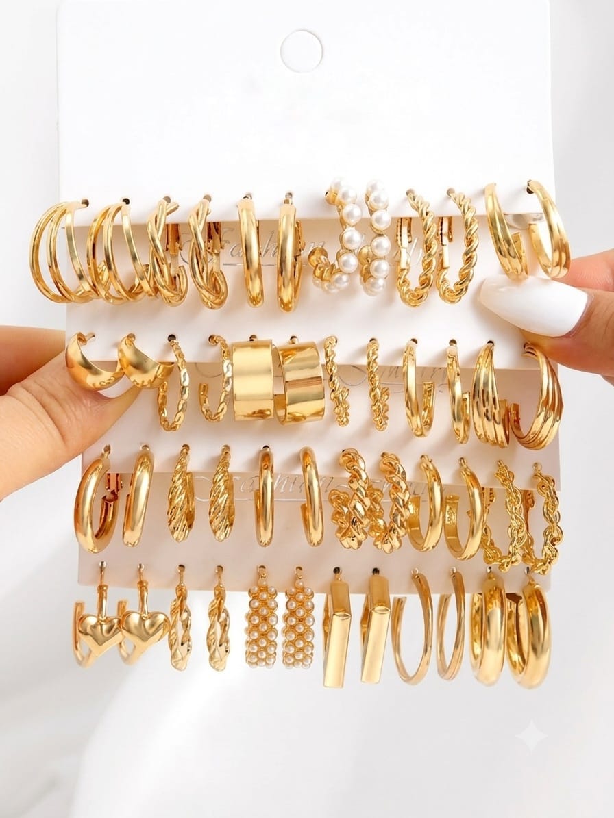 Jewels Galaxy Gold Plated Set Of 24 Pairs Of Hoop And Pearl Earrings