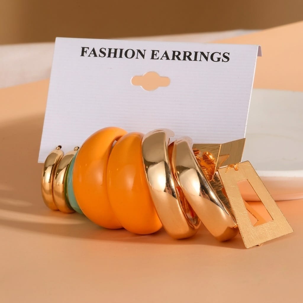 Gold Plated Geometric Circle Dangle Hoop Acrylic Earrings Set