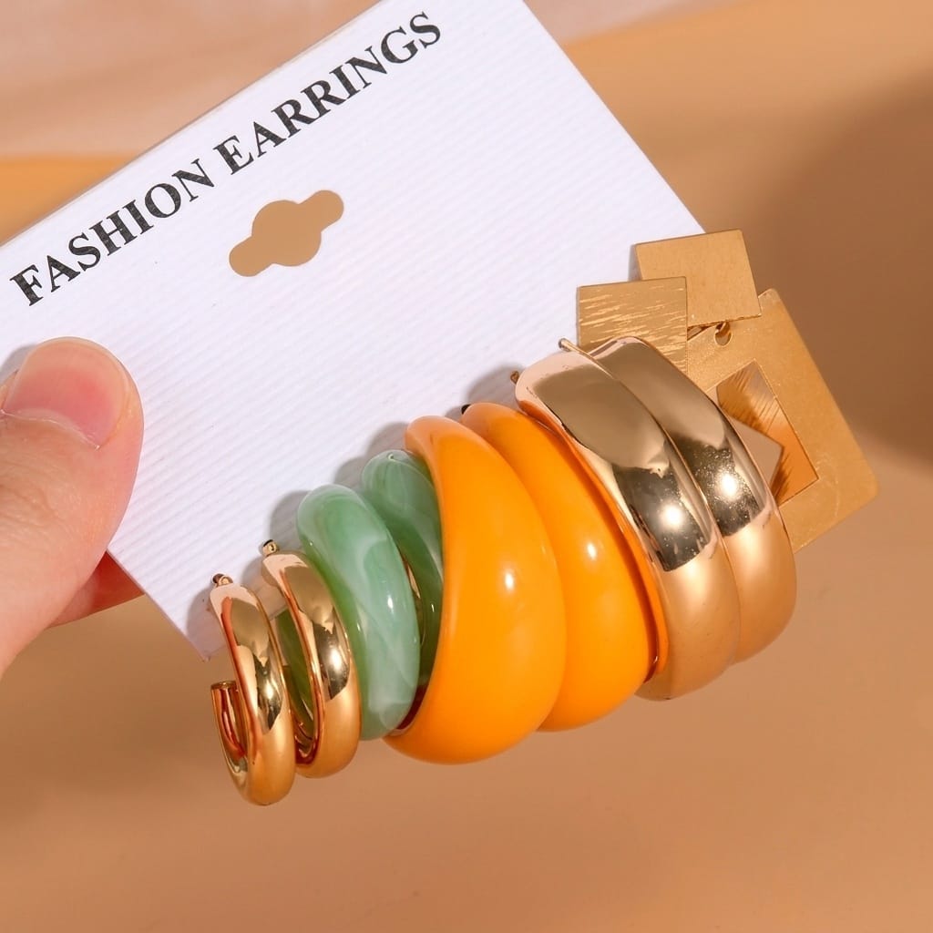 Gold Plated Geometric Circle Dangle Hoop Acrylic Earrings Set