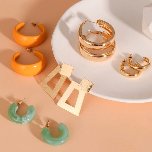Gold Plated Geometric Circle Dangle Hoop Acrylic Earrings Set
