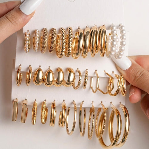 Jewels Galaxy Gold Plated Set Of 18 Pairs Of Hoop And Pearl Earrings