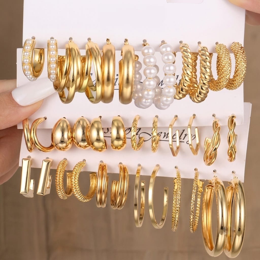 Jewels Galaxy Gold Plated Set Of 18 Pairs Of Hoop And Pearl Earrings
