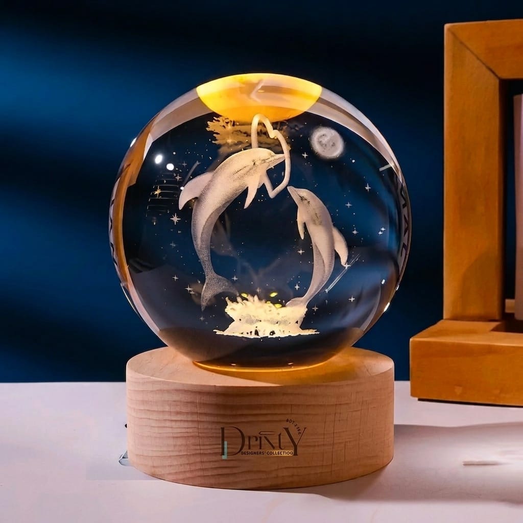 3D Crystal Ball with LED Wooden Crystal Dolphin Figurine