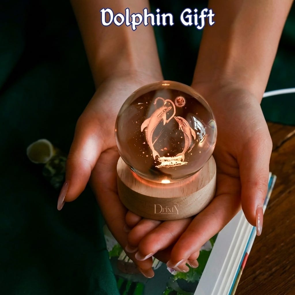 3D Crystal Ball with LED Wooden Crystal Dolphin Figurine