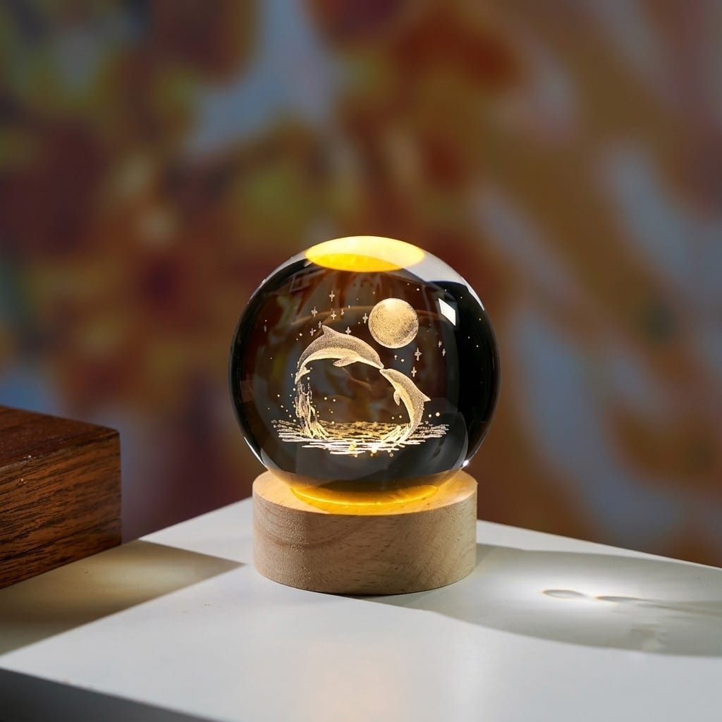 3D Crystal Ball with LED Wooden Crystal Dolphin Figurine